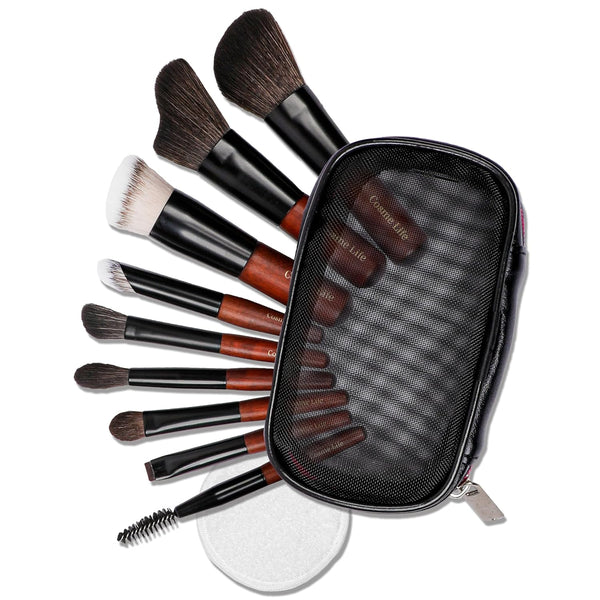 Cosme 9 FLAWLESS FACE MINI Makeup Brush Set, Foundation, Eyeshadow, Blush, Contour, and Powder Brushes with Case