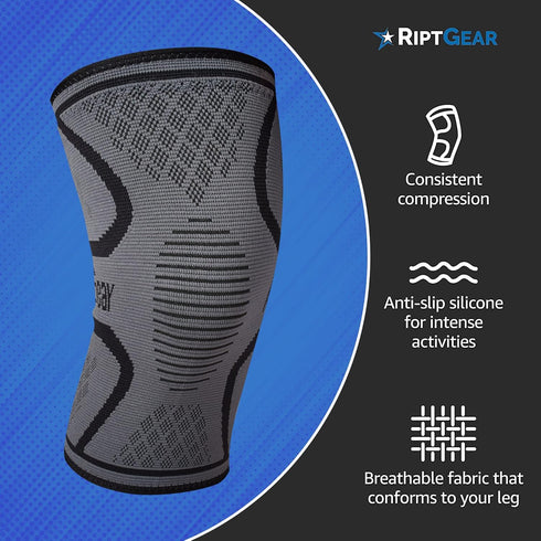RiptGear Knee Compression Sleeve - Braces for Knee Pain, Support for Women and Men, X-Large, Gray (1 Pack)