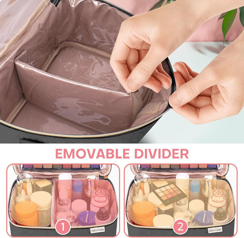 Travel Makeup Bag for Women, Double Layer Cosmetic Organizer Case with Shoulder Strap for Brushes, Bottles, Black