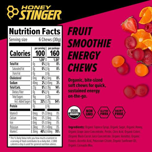 Honey Stinger Organic Fruit Smoothie Energy Chew, Gluten Free, Caffeine Free, 12 Pack, 21.6 Ounce