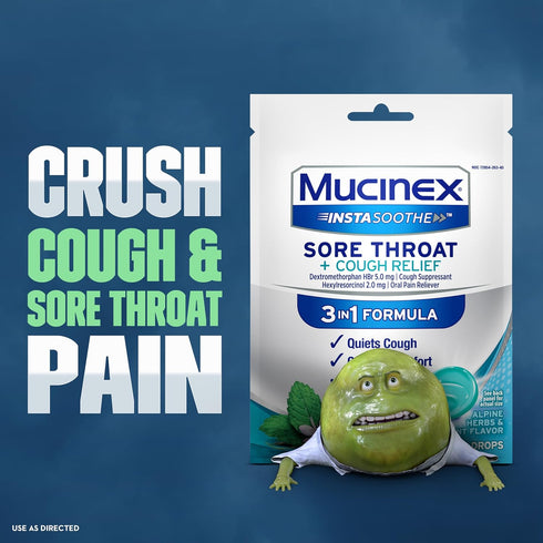 Mucinex Instasoothe Sore Throat Relief + Cough Relief, 40ct Lozenges with Alpine Herbs & Fresh Mint Flavor