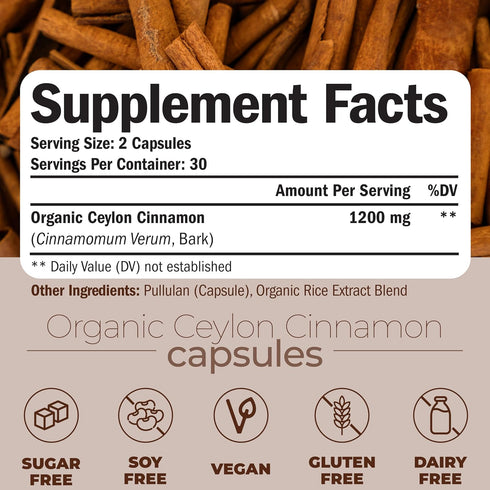 Organic Ceylon Cinnamon Capsules, Non-GMO Vegan Supplements for Inflammation Balance, 60 Caps