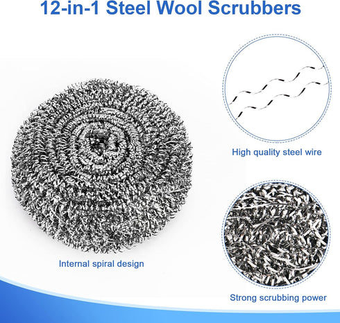 12Pack Upgraded Steel Wool Scrubbers by ovwo - Premium Stainless Steel Scrubber, Metal Scouring Pads, Steel Wool Pads, Kitchen Cleaner, Heavy Duty Cleaning Supplies - Especially for Tough Cleaning