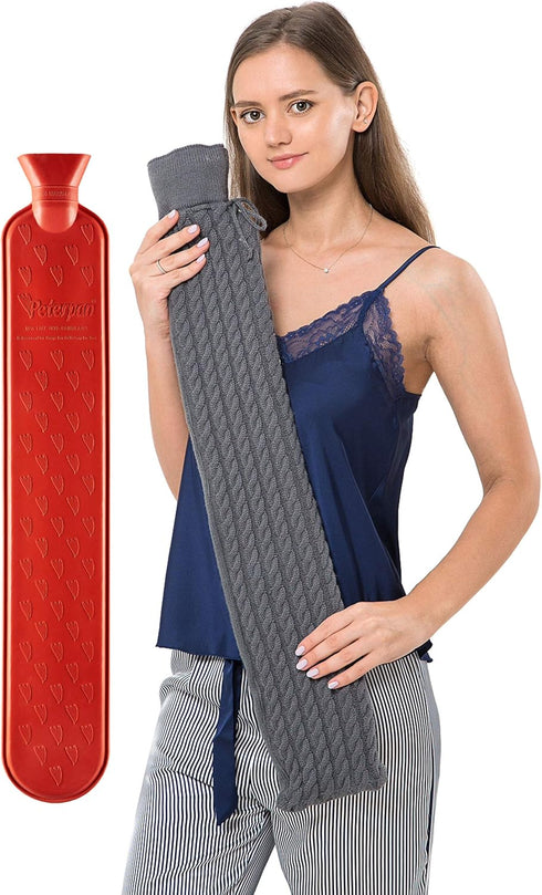 Peterpan Gray Classic Cable Knit Cover for Long Hot Water Bottle, BPA & Phthalates Free, Holds 90 Fl Oz, Grey