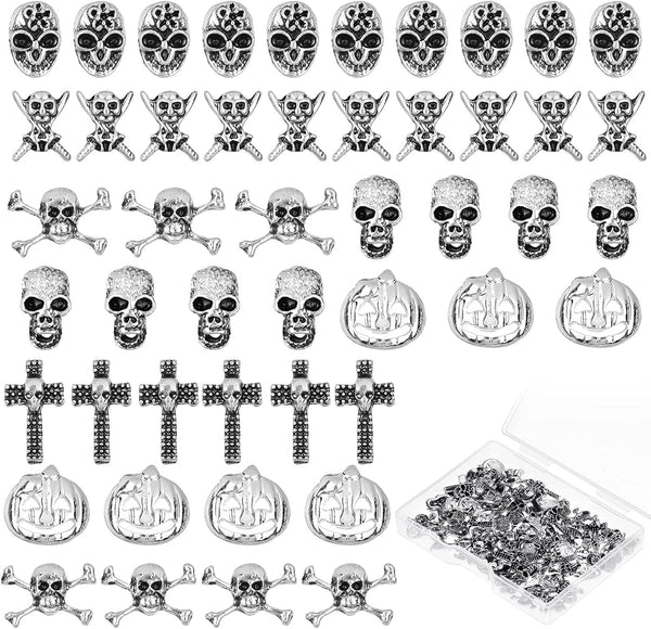 Queekay 90 Pcs Halloween 3D Nail Charms - Vintage Skull Pumpkin Cross Skeleton Jewelry Decor