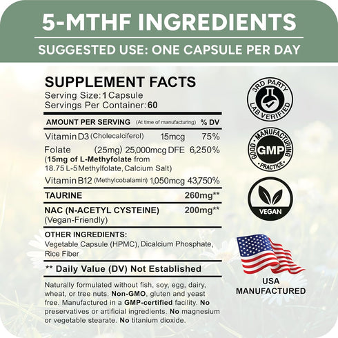 L-Methylfolate 15mg plus Methyl B12, D3, Taurine & NAC, Professional Strength Active 5-MTHF Supplement, 60 Capsules