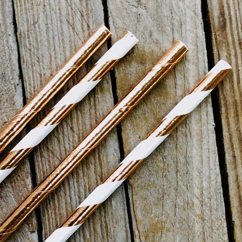 Rose Gold Solid and Stripe Foil Paper Straws, 7.75 Inches, 50 Pack by Outside the Box Papers