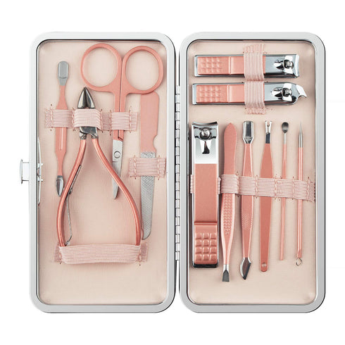Manicure Set, 12 In 1 Stainless Steel Professional Pedicure Kit with Pink Leather Travel Case