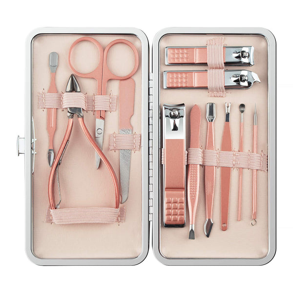 Manicure Set, 12 In 1 Stainless Steel Professional Pedicure Kit with Pink Leather Travel Case