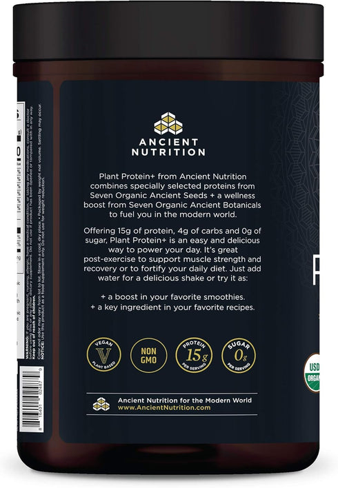 Ancient Nutrition Plant Protein+ Powder, Organic Vegan Superfoods Supplement, Chocolate, 15g Protein, Gluten Free, 12