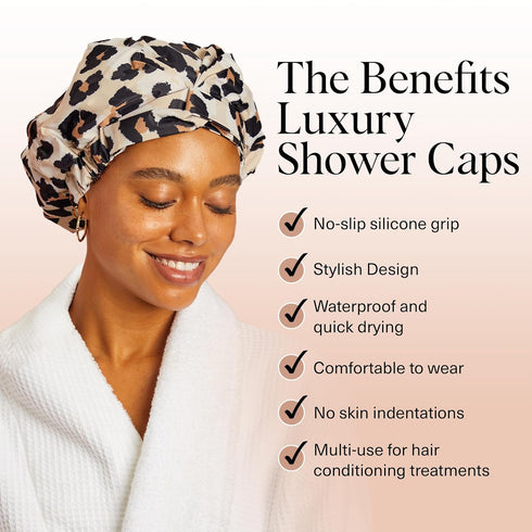 Kitsch Luxury Shower Caps for Women, Reusable Waterproof Large Cap, Non-slip Quick-dry Hair Cap, Leopard Design