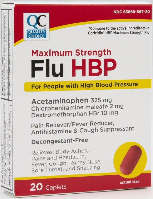Quality Choice Maximum Strength Flu High Blood Pressure (HBP), Pain Reliever and Fever Reducer, Antihistamine & Cough Suppressant, Decongestant Free, for People with High Blood Pressure, 20 Count
