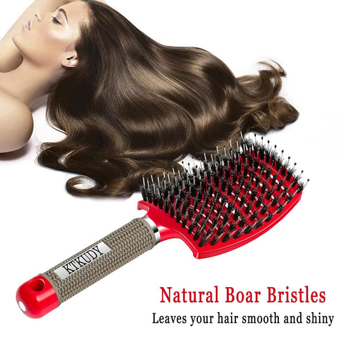 KTKUDY Detangling Hair Brush - Boar Bristle & Tangle-Free Design for Kids, Women, and Men, Pain-Free Styling (Red)