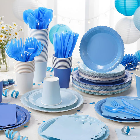 Zhehao 175 Set Pcs Blue Party Supplies Blue Disposable Tableware Kit with Plates, Cups, Napkins, Cutlery Ocean Sea