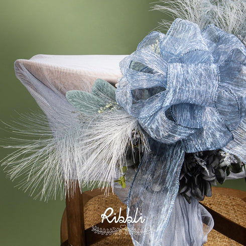 Ribbli Dusty Blue Crinkled Wired Ribbon, 2.5 Inch with Metallic Wavy for Christmas Tree Topper, Gift Wrapping