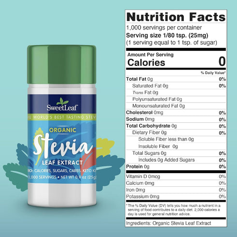 SweetLeaf Organic Pure Stevia Powder Shaker Jar, Zero Calorie Sweetener, 0.9 Oz (Pack of 2)