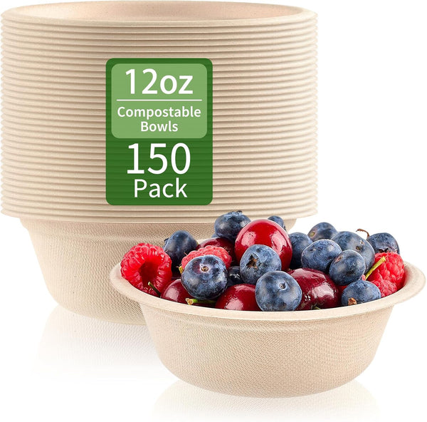 150 Pack 12 oz Paper Bowls, Disposable Compostable Soup Bowls, Natural Sugarcane Biodegradable for Ice Cream, Desserts