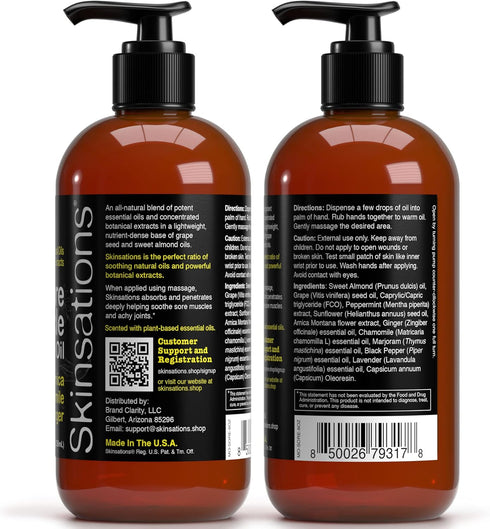 Skinsations Sore Muscle Massage Oil with Arnica Montana - Naturally Warming Capsicum, Organic Essential Oil Blend