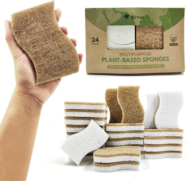 24 Pack Natural Kitchen Sponge - Biodegradable Compostable Cellulose and Coconut Scrubber Sponges for Dishes