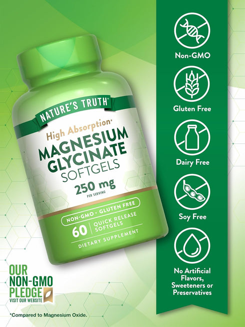 Nature's Truth Magnesium Glycinate 250mg, 60 Softgels, High Absorption, Non-GMO & Gluten-Free Mineral Supplement