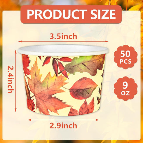 50Pcs Fall Treat Snack Cups Maple Leaves Disposable Ice Cream Cups 9 Oz. Disposable Autumn Thanksgiving Dessert Bowls for Cupcake Picnic BBQ Harvest Gathering Party Supplies by Elyxio