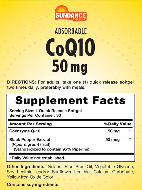 Sundance CoQ10 50mg | 30 Absorbable Softgels | Non-GMO and Gluten Free Supplement