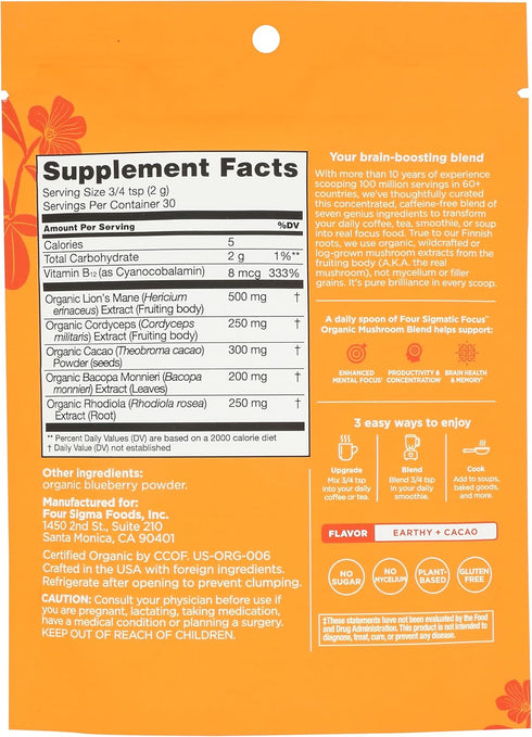Four Sigmatic Focus Blend - 7 Superfoods Adaptogen Mix with Lion's Mane, Cordyceps, Rhodiola, Bacopa & Mucuna | 30