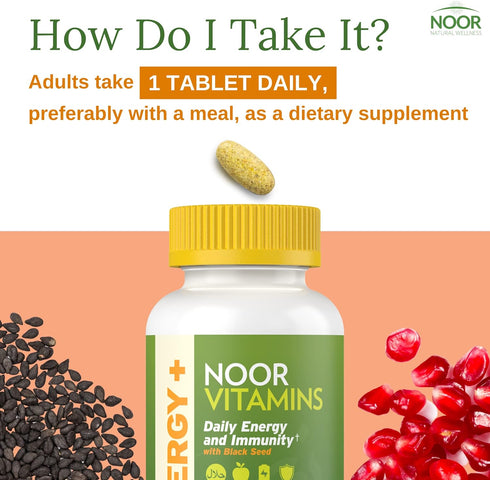 Noor Vitamins Energy+ Multivitamin for Men & Women; Halal Vitamin with 26 Vitamins & Minerals, Gelatin Free, 2 Month