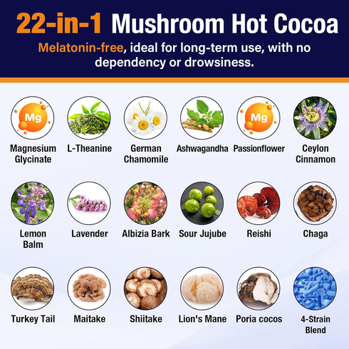 Volocatilly 7.4oz Mushroom Hot Cocoa with Magnesium Glycinate, Reishi, L-Theanine, Ashwagandha, Lemon Balm, Lavender