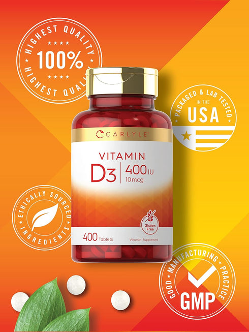 Carlyle Vitamin D3 | 400 IU (10mcg) | 400 Tablets | Vegetarian, Non-GMO, Gluten Free Vitamin D Supplement