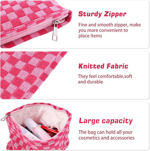 2Pcs Checkered Makeup Bag Set for Women, Large Cosmetic Bag, Travel Toiletry Pouch, Cute Pink Storage Organizer