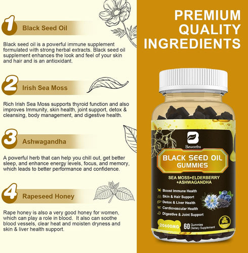 Black Seed Oil & Sea Moss Gummies, Organic Irish Sea Moss with Black Seed Oil, Immune Support, Joints, Digestion