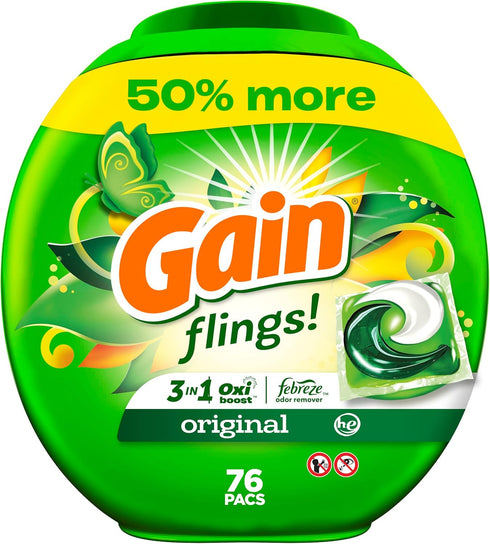 Gain flings Laundry Detergent Soap Pacs, Original Scent, HE Compatible, 76 Count, Long Lasting Scent