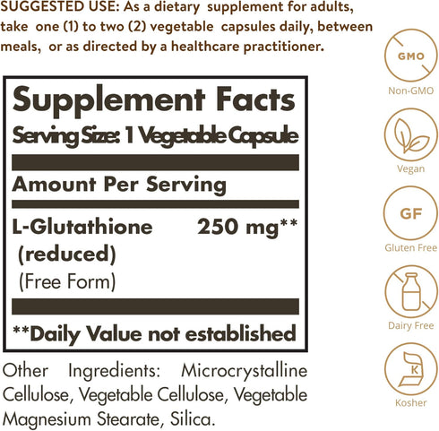 Solgar Reduced L-Glutathione 250 mg, 60 Vegetable Capsules - Antioxidant Support - Non-GMO, Vegan, Gluten Free, Dairy