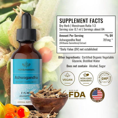HERBAMAMA Ashwagandha Liquid Drops - Organic Ashwagandha Root Tincture - Ashwagandha Extract Supplements for Men & Women - Vegan Liquid Complex 2 fl oz.