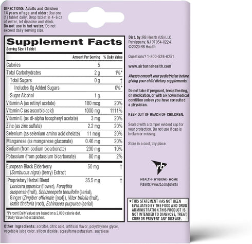 Airborne Elderberry + Zinc & Vitamin C Effervescent Tablets - 20 Fizzy Drink Tablets for Immune Support