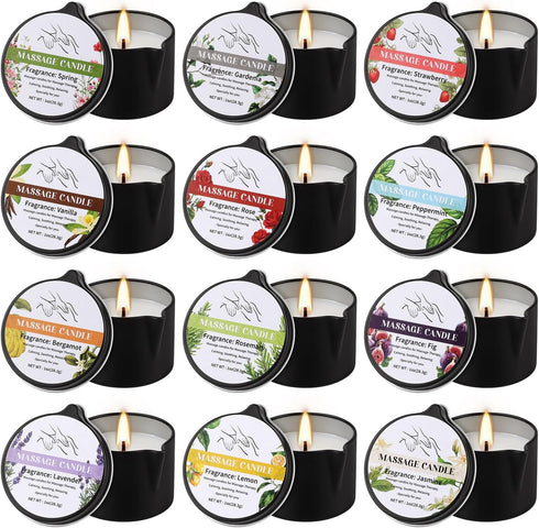 TLNFHRPI 12pcs Sets,1oz Massage Oil Candle,Moisturising Natural Soybeans Gift Low Temperature Body Oil Scented Candles
