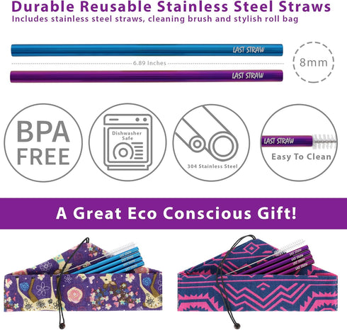LAST STRAW Geometric Roll Bag Collection – Stainless Steel Purple Cocktail Straws and Brush in Rollbag