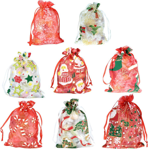 50PCS Christmas Organza Bags, Gift Jewelry Candy Bags for Wedding Party, 10 Patterns, 4x6 Inch