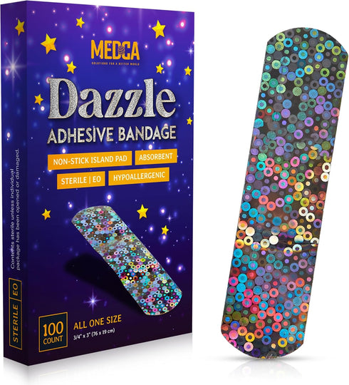 Glitter Bandages for Kids - 100 Count Box of Adhesive Strips with Colorful Glitter Design for First Aid