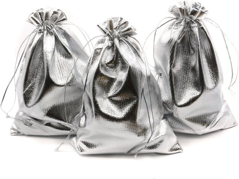 Pack of 100 Heavy Duty Silver Drawstring Organza Jewelry Pouches - 5"x 7" for Wedding Party Favor Bags