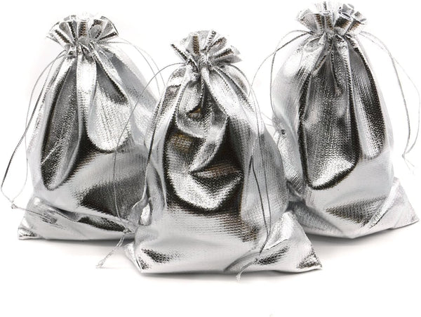 Pack of 100 Heavy Duty Silver Drawstring Organza Jewelry Pouches - 5"x 7" for Wedding Party Favor Bags
