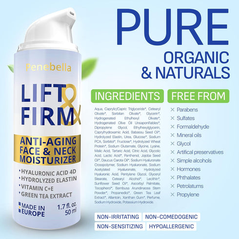 New Lift & Firm Anti Aging Face & Neck Cream, Made in Europe, Moisturizer with Hyaluronic Acid, Vitamin C+E