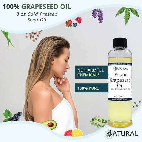 Zatural Grapeseed Oil - 100% Pure Cold Pressed Virgin High Temperature Cooking Oil (8oz)