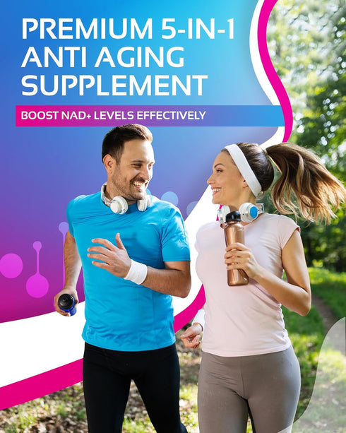 NR + Resveratrol Supplement for NAD, DNA & Cellular Health, Longevity, Vitality, 5-in-1 Anti Aging Formula with