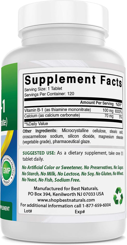 Best Naturals Vitamin B1 as Thiamine Mononitrate 100 mg, 120 Tablets (Pack of 1)