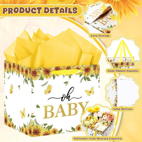 Woosytoo 12" Extra Large Sunflower Baby Gift Bags, Yellow Sunflower Square Gift Bag with Wrapping Paper Jumbo Gifts Bag
