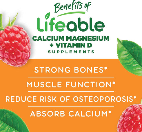 Lifeable Gummies - Calcium, Magnesium, Zinc & Vitamin D - Natural Flavor, Gluten Free, 90 Count - Bone Health for Adults
