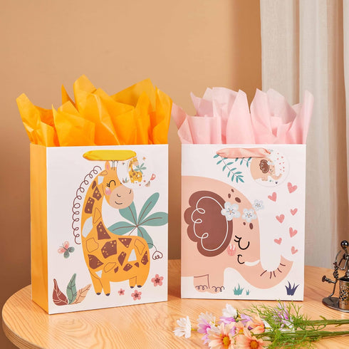 SUNCOLOR 2 Pack 13" Gift Bags for Baby with Tissue Paper Included