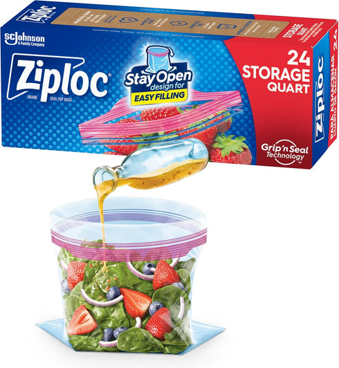 Ziploc Quart Food Storage Bags, 24 Count, Stay Open Design with Stand-Up Bottom